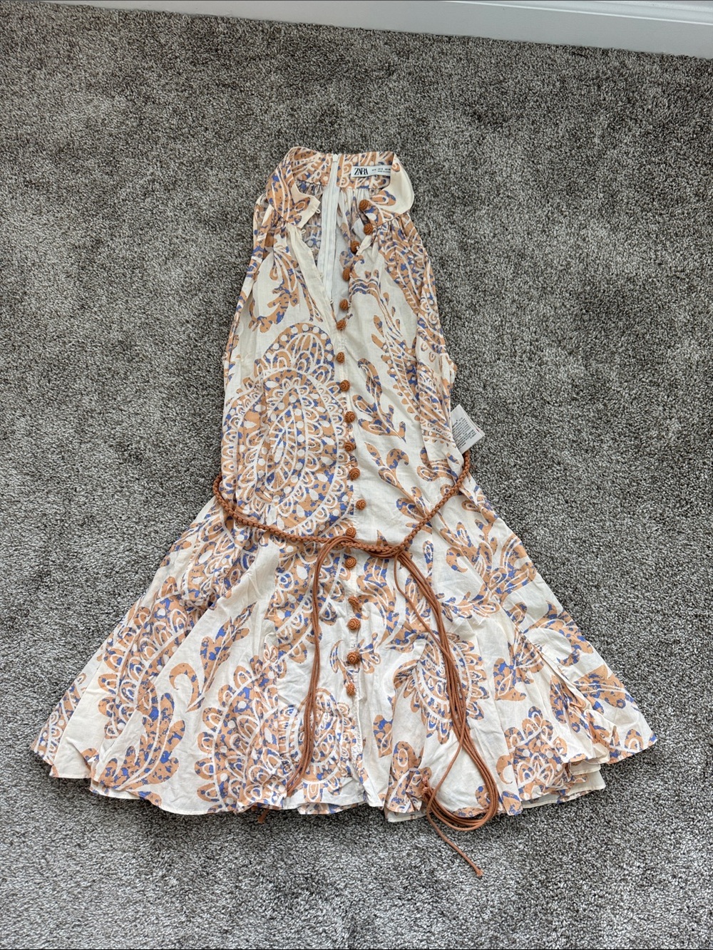 Zara Cream Paisley Skater Dress with Brown and Blue Print